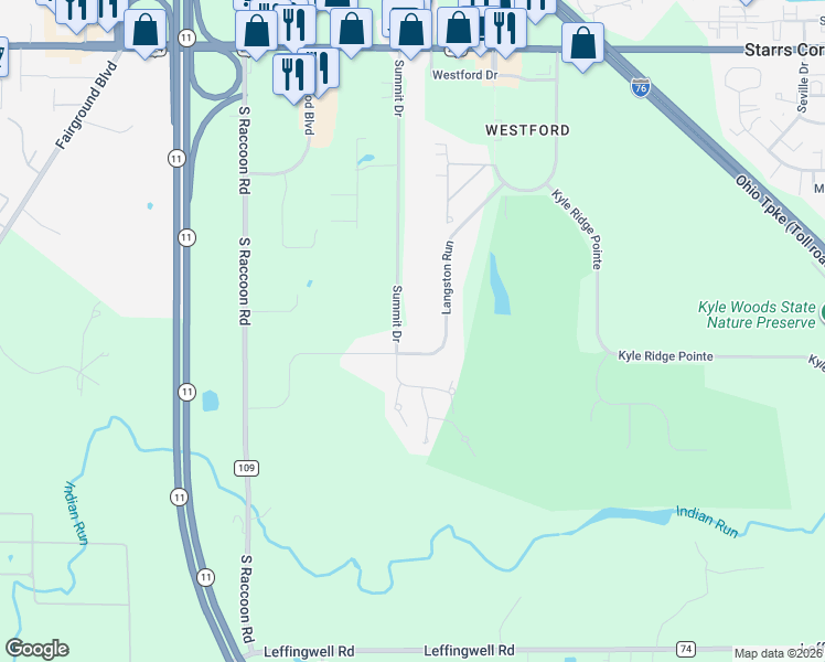 map of restaurants, bars, coffee shops, grocery stores, and more near 6820 Langston Run in Canfield