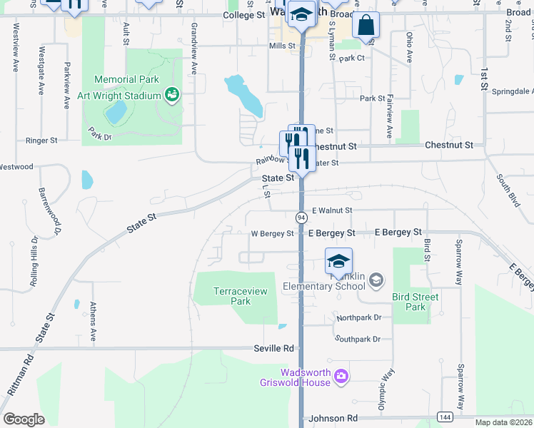 map of restaurants, bars, coffee shops, grocery stores, and more near 150 West Bergey Street in Wadsworth