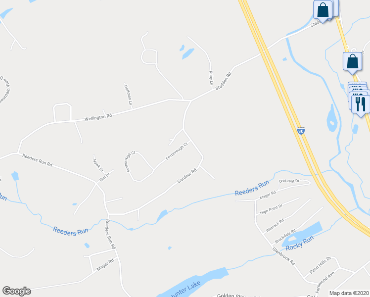 map of restaurants, bars, coffee shops, grocery stores, and more near 3801 Foxborough Court in Stroudsburg