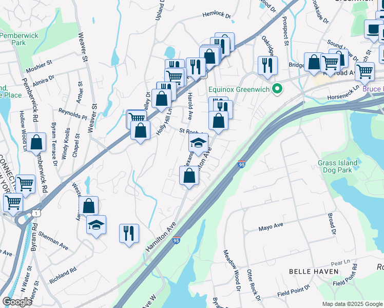 map of restaurants, bars, coffee shops, grocery stores, and more near 186 Hamilton Avenue in Greenwich