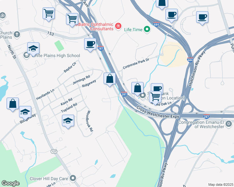 map of restaurants, bars, coffee shops, grocery stores, and more near 1133 Westchester Avenue East in White Plains