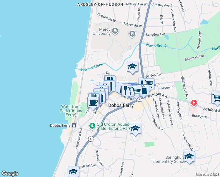 map of restaurants, bars, coffee shops, grocery stores, and more near 149 Main Street in Dobbs Ferry