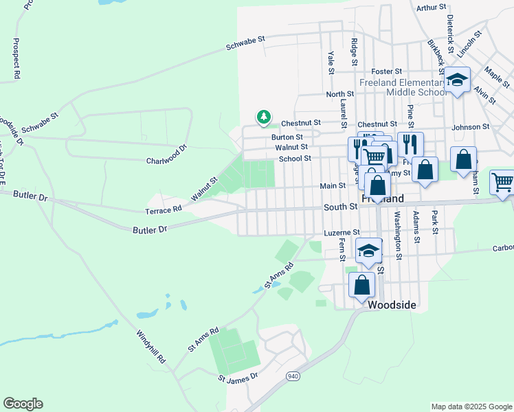 map of restaurants, bars, coffee shops, grocery stores, and more near 434 Green St in Freeland