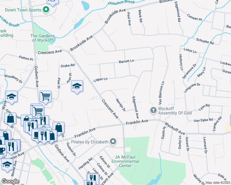 map of restaurants, bars, coffee shops, grocery stores, and more near 98 Frost Court in Wyckoff