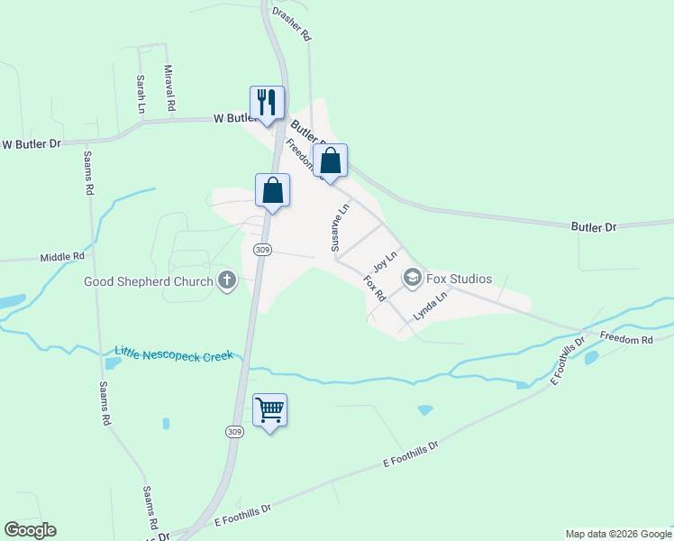 map of restaurants, bars, coffee shops, grocery stores, and more near 21 Fox Road in Drums