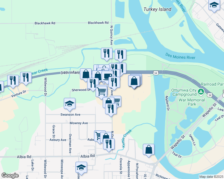 map of restaurants, bars, coffee shops, grocery stores, and more near 1110 North Quincy Avenue in Ottumwa
