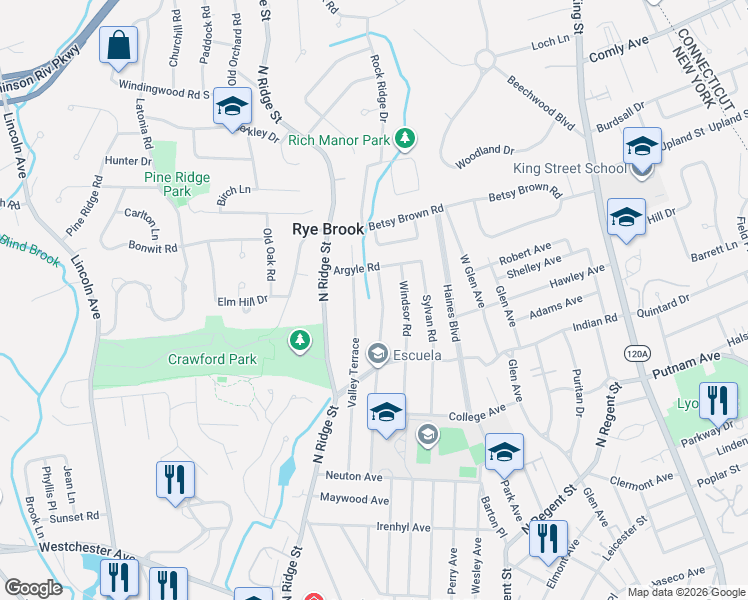 map of restaurants, bars, coffee shops, grocery stores, and more near 67 Valley Terrace in Rye Brook