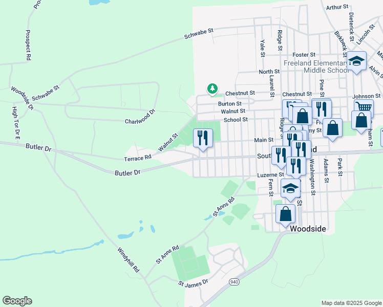 map of restaurants, bars, coffee shops, grocery stores, and more near Butler Drive in Freeland