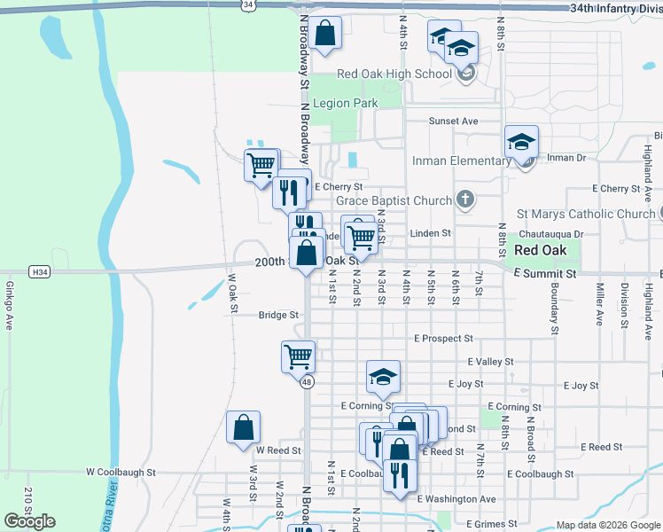 map of restaurants, bars, coffee shops, grocery stores, and more near 105 West Maple Street in Red Oak