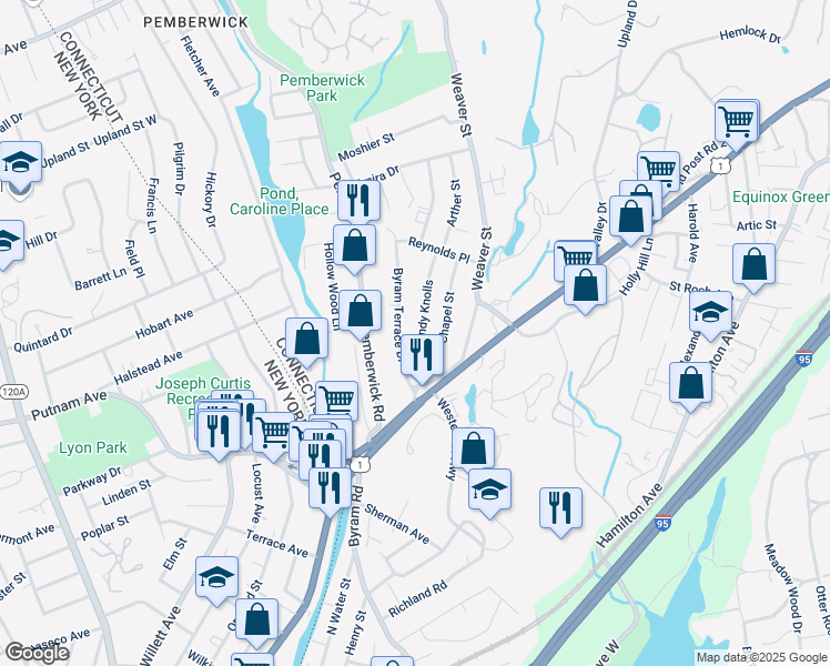 map of restaurants, bars, coffee shops, grocery stores, and more near 17 Byram Terrace Drive in Greenwich