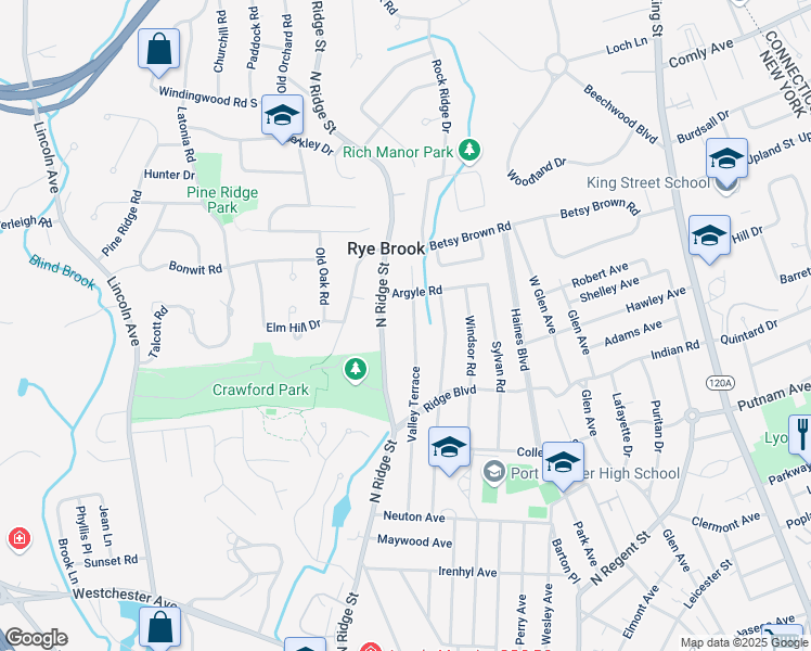 map of restaurants, bars, coffee shops, grocery stores, and more near 67 Valley Terrace in Rye Brook