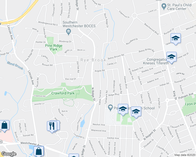 map of restaurants, bars, coffee shops, grocery stores, and more near 67 Valley Terrace in Rye Brook