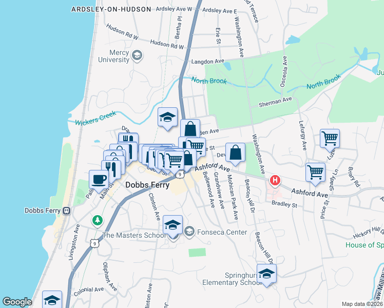 map of restaurants, bars, coffee shops, grocery stores, and more near 444 Broadway in Dobbs Ferry