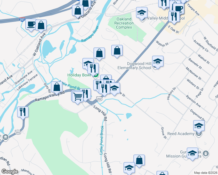 map of restaurants, bars, coffee shops, grocery stores, and more near 194 Ramapo Valley Road in Oakland