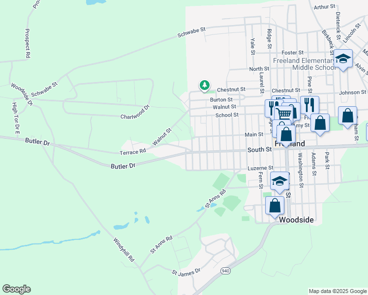 map of restaurants, bars, coffee shops, grocery stores, and more near Butler Drive in Freeland