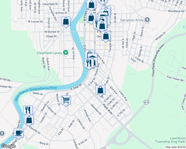 map of restaurants, bars, coffee shops, grocery stores, and more near 432 South 3rd Street in Clearfield