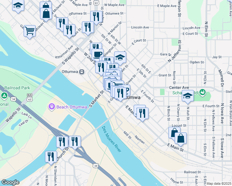 map of restaurants, bars, coffee shops, grocery stores, and more near 304 East Main Street in Ottumwa