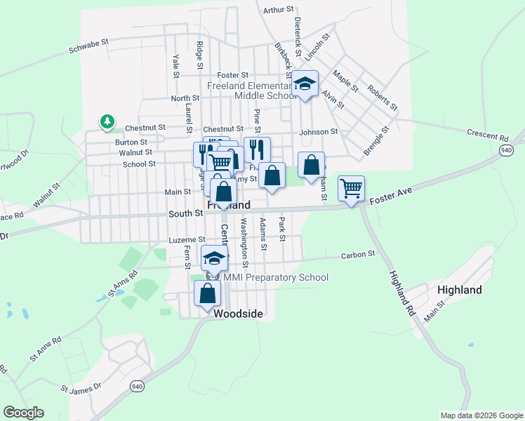 map of restaurants, bars, coffee shops, grocery stores, and more near Pennsylvania 940 in Freeland