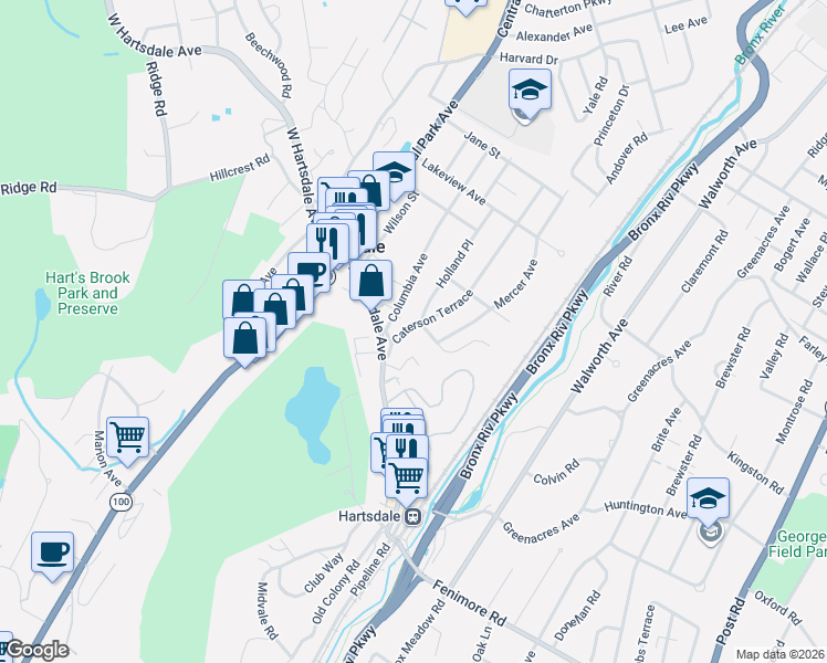 map of restaurants, bars, coffee shops, grocery stores, and more near 20 Lewis Avenue in Hartsdale