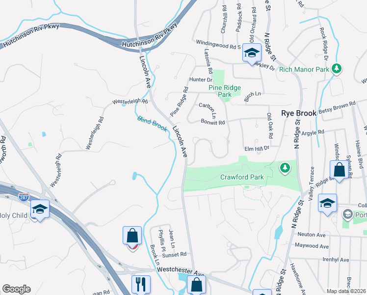 map of restaurants, bars, coffee shops, grocery stores, and more near 36 Lincoln Avenue in Rye Brook