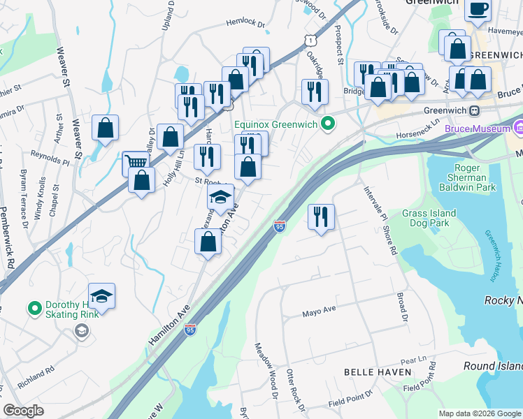 map of restaurants, bars, coffee shops, grocery stores, and more near 47 Rodwell Avenue in Greenwich