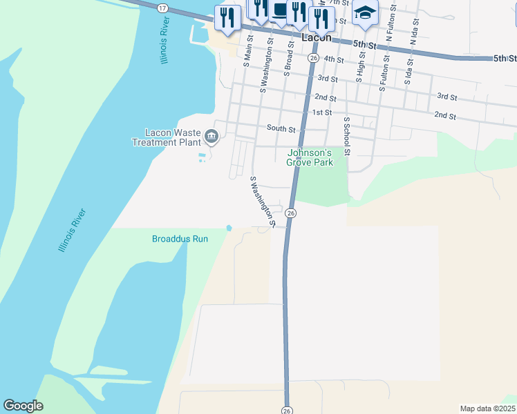 map of restaurants, bars, coffee shops, grocery stores, and more near 909 South Washington Street in Lacon