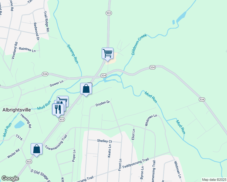 map of restaurants, bars, coffee shops, grocery stores, and more near 46 Jordan Road in Albrightsville