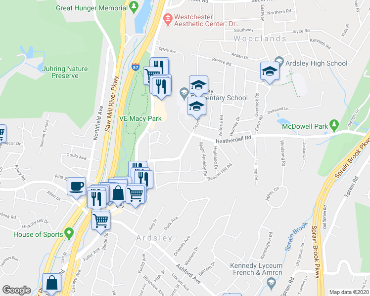 map of restaurants, bars, coffee shops, grocery stores, and more near 59 Heather Dell Road in Ardsley