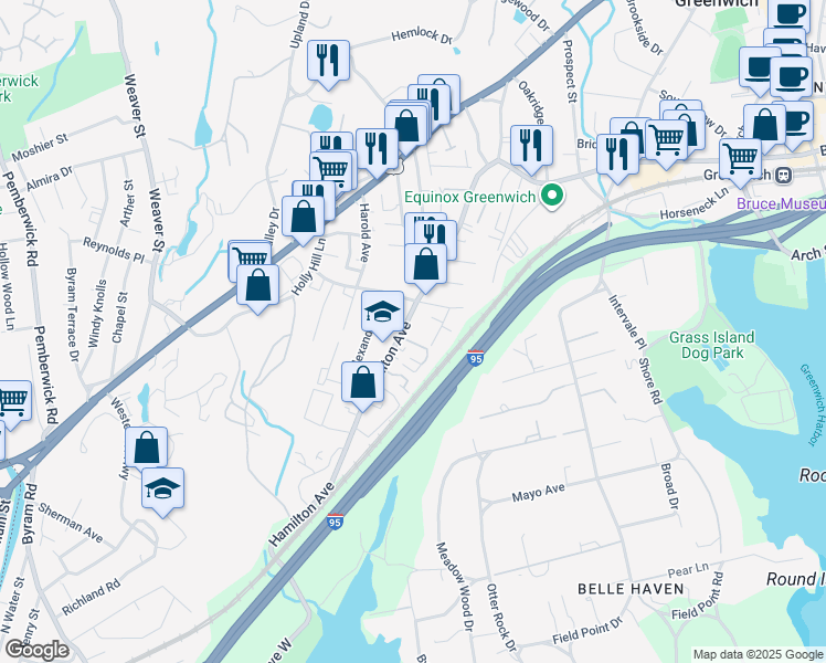 map of restaurants, bars, coffee shops, grocery stores, and more near 3 Glen Street in Greenwich