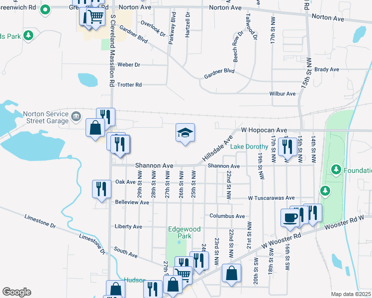 map of restaurants, bars, coffee shops, grocery stores, and more near 1151 Shannon Avenue in Barberton