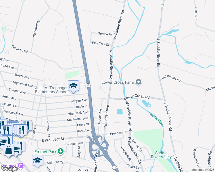 map of restaurants, bars, coffee shops, grocery stores, and more near 45 West Saddle River Road in Saddle River