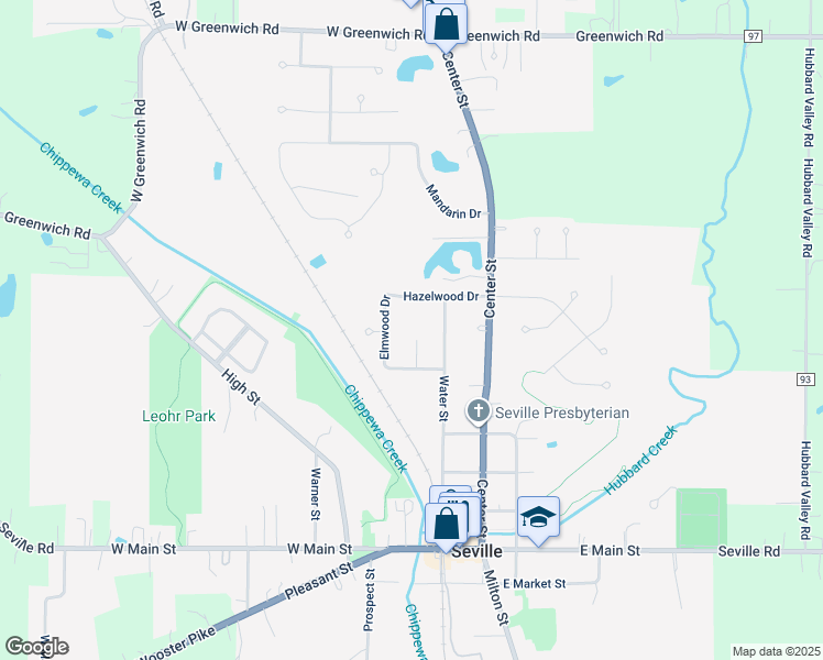 map of restaurants, bars, coffee shops, grocery stores, and more near 209 Oakwood Lane in Seville