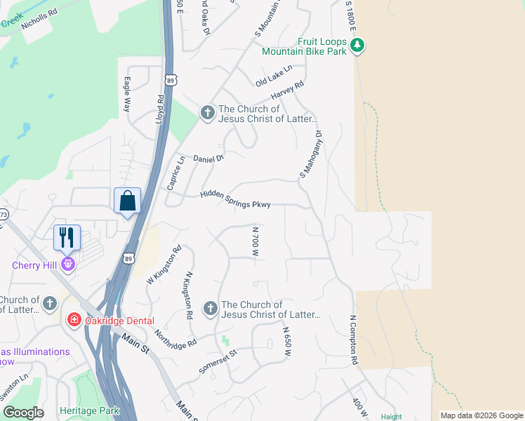 map of restaurants, bars, coffee shops, grocery stores, and more near 1582 Hidden Springs Parkway in Kaysville