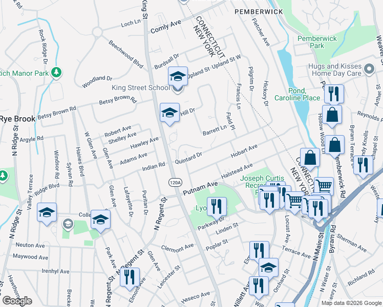 map of restaurants, bars, coffee shops, grocery stores, and more near 8 Quintard Drive in Port Chester