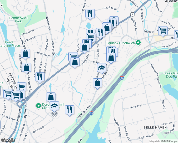 map of restaurants, bars, coffee shops, grocery stores, and more near 27 Lyon Avenue in Greenwich