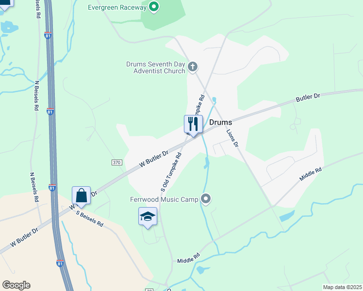 map of restaurants, bars, coffee shops, grocery stores, and more near 33-37 South Old Turnpike Road in Drums