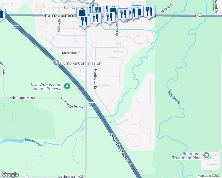 map of restaurants, bars, coffee shops, grocery stores, and more near 1306 Hunters Glen in Youngstown