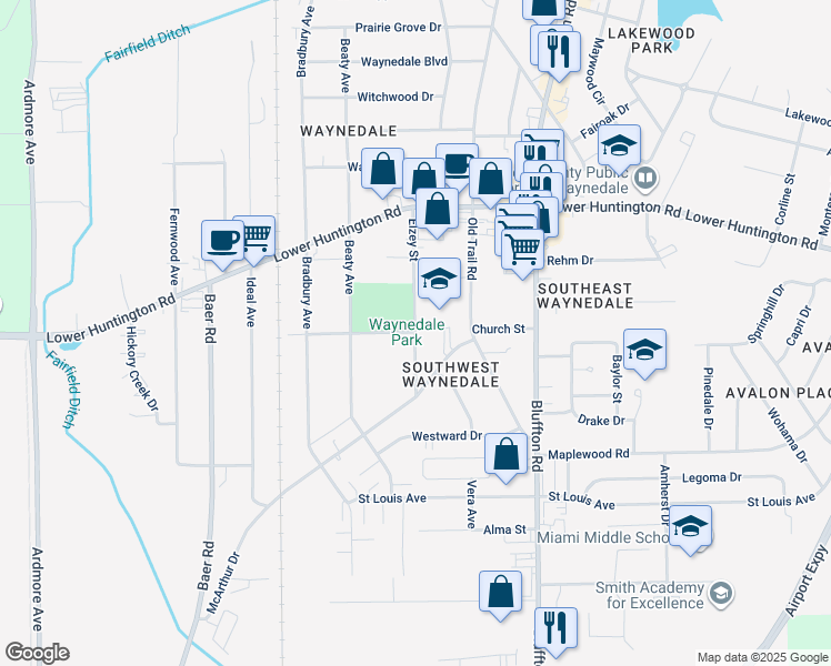 map of restaurants, bars, coffee shops, grocery stores, and more near 7201 Elzey Street in Fort Wayne