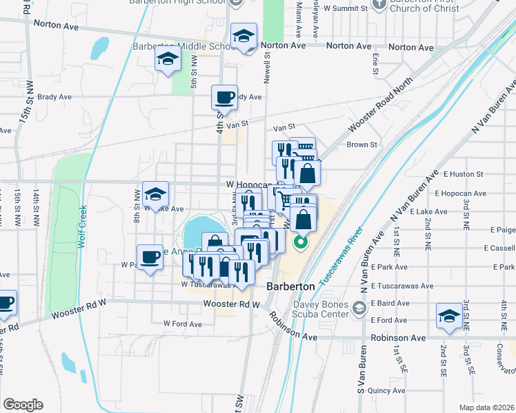 map of restaurants, bars, coffee shops, grocery stores, and more near 200 2nd Street Northwest in Barberton