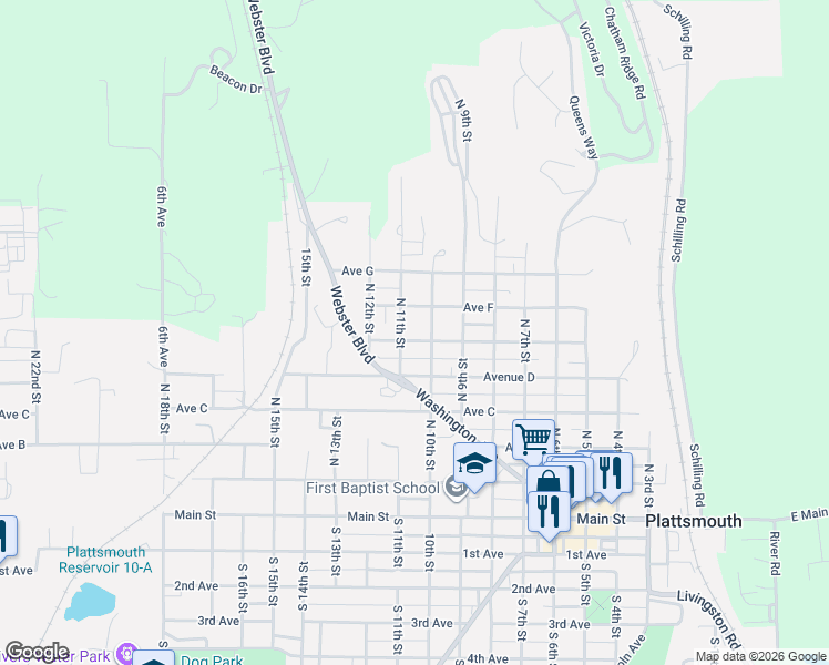 map of restaurants, bars, coffee shops, grocery stores, and more near 517 North 11th Street in Plattsmouth