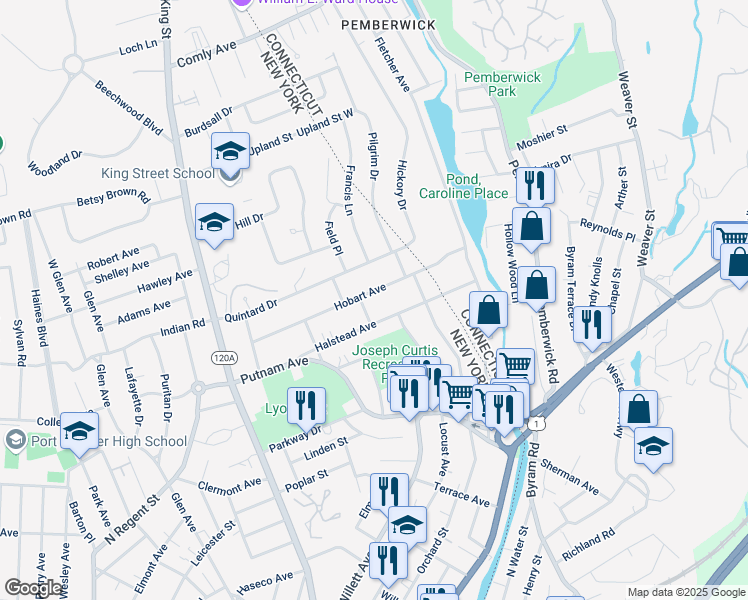 map of restaurants, bars, coffee shops, grocery stores, and more near 43 Halstead Avenue in Port Chester