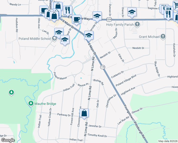 map of restaurants, bars, coffee shops, grocery stores, and more near 118 North Lima Road in Poland