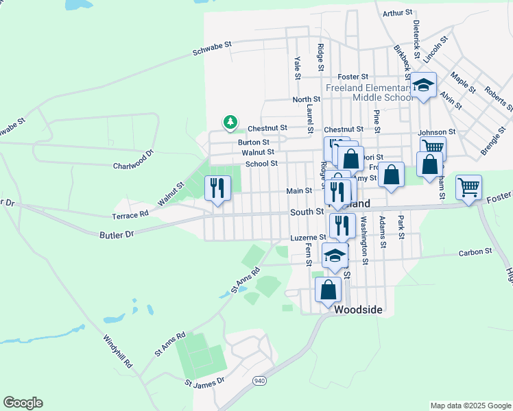 map of restaurants, bars, coffee shops, grocery stores, and more near 515 Hemlock Street in Freeland