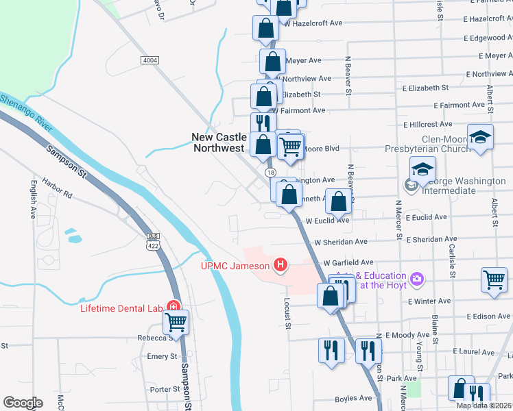 map of restaurants, bars, coffee shops, grocery stores, and more near 400 Kenneth Avenue in New Castle