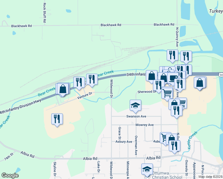 map of restaurants, bars, coffee shops, grocery stores, and more near 1100 Wildwood Drive in Ottumwa
