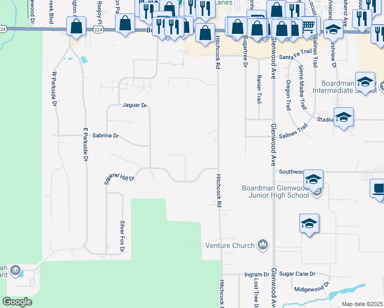 map of restaurants, bars, coffee shops, grocery stores, and more near 7611 Red Fox Drive in Youngstown