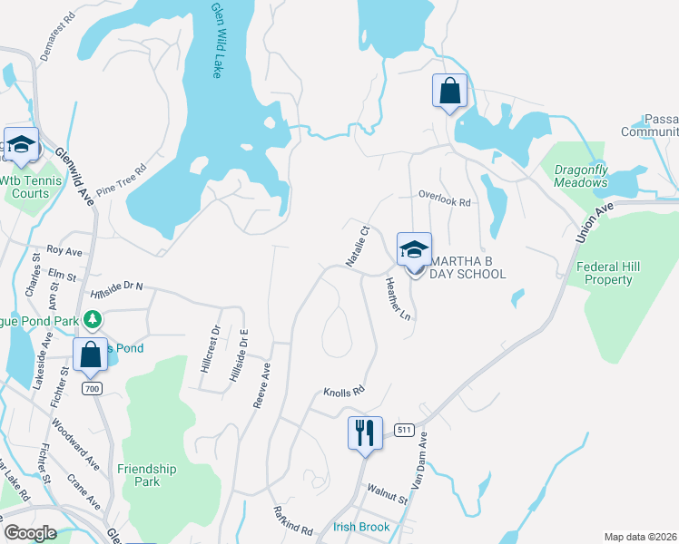 map of restaurants, bars, coffee shops, grocery stores, and more near 13 Hilltop Terrace in Bloomingdale
