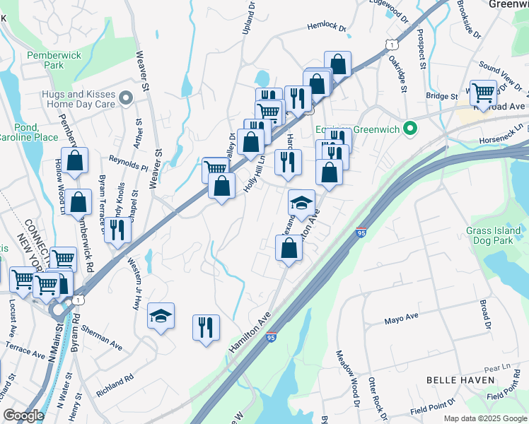 map of restaurants, bars, coffee shops, grocery stores, and more near 27 Lyon Avenue in Greenwich