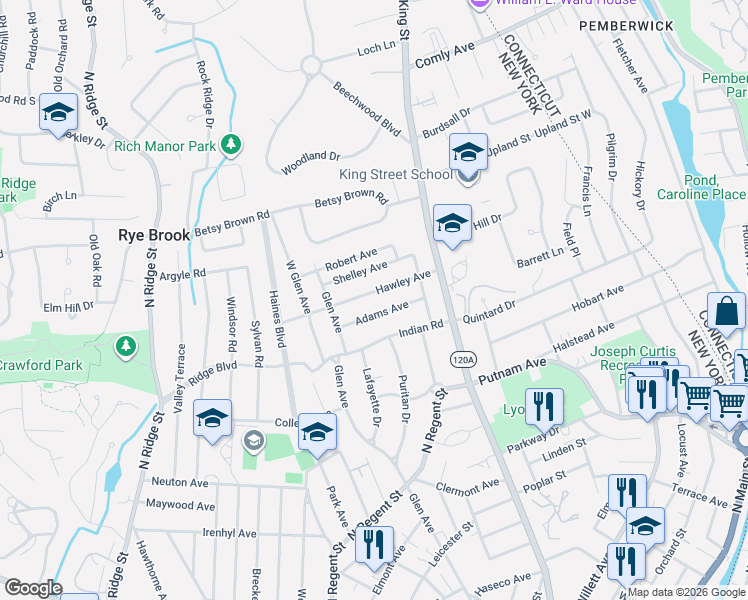 map of restaurants, bars, coffee shops, grocery stores, and more near 93 Adams Avenue in Port Chester