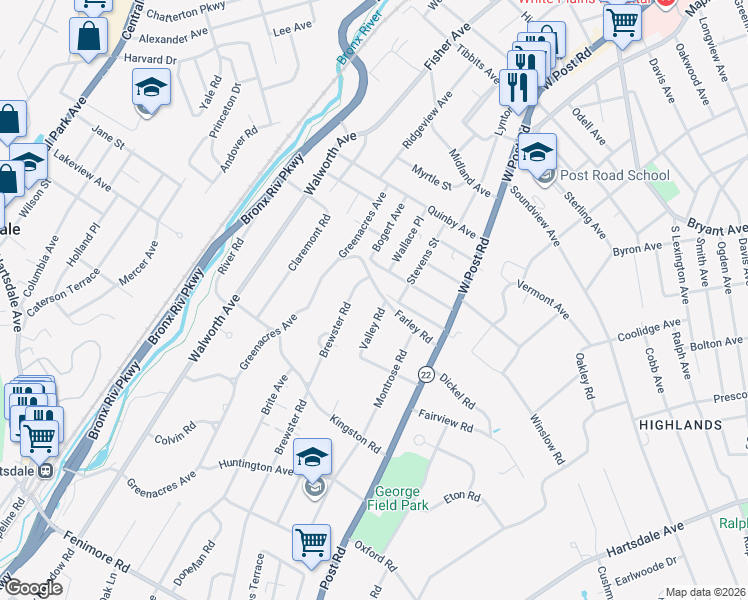 map of restaurants, bars, coffee shops, grocery stores, and more near 29 Valley Road in Scarsdale